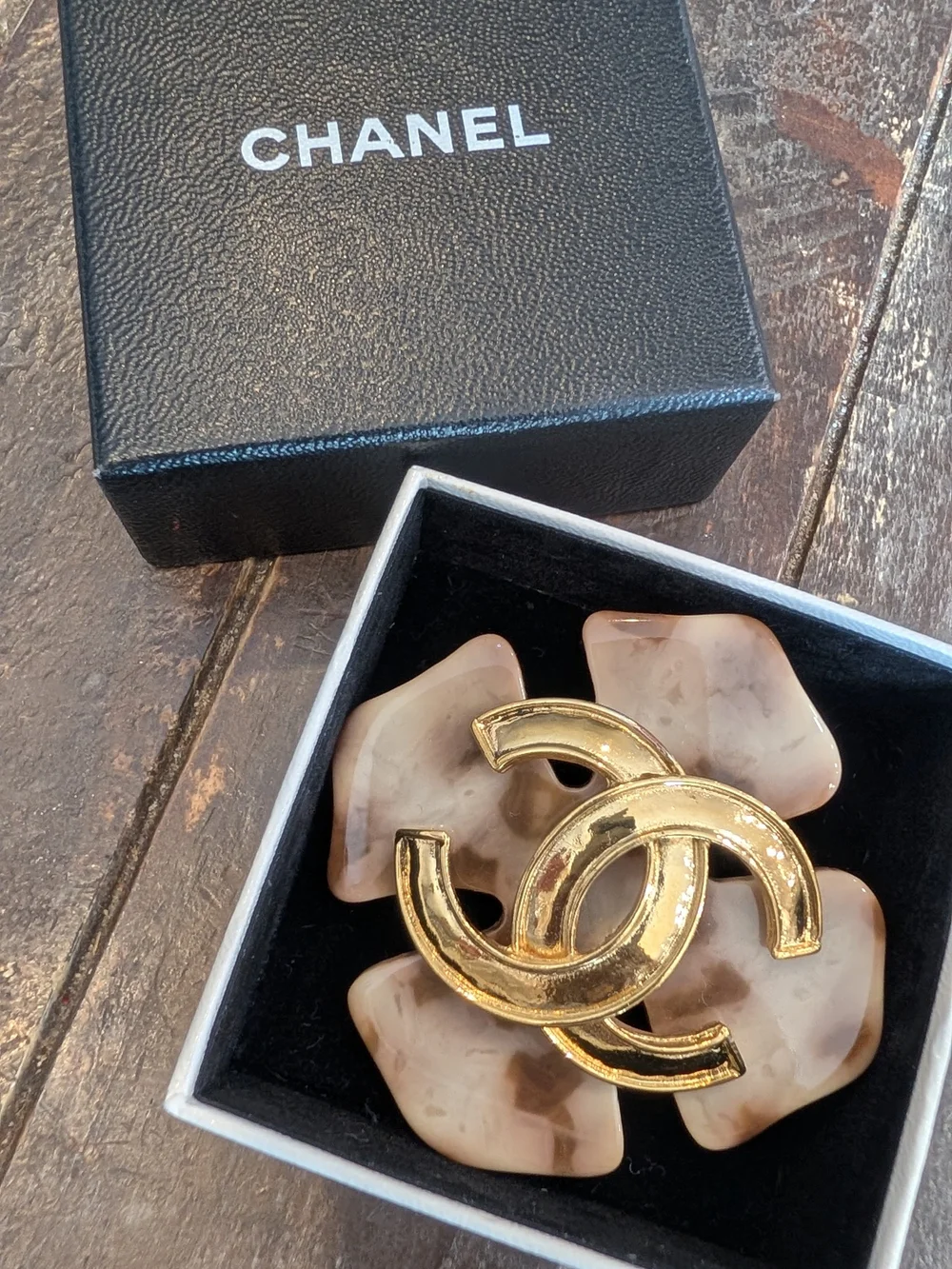 Chanel Marbled Resin & Gold CC Brooch
